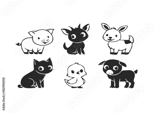 Cute farm animals icon set piglet goat kid kitten