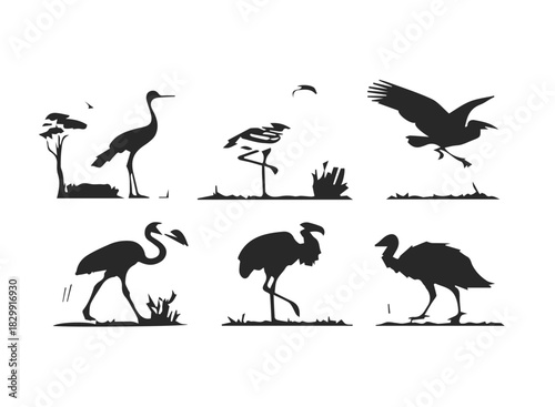 Savanna birds icon set ostrich flamingo stylized