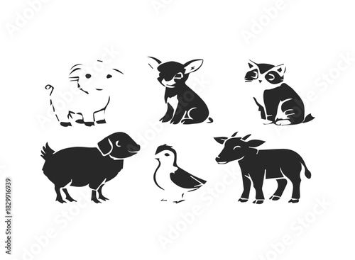 Cute farm animals icon set piglet goat kid kitten