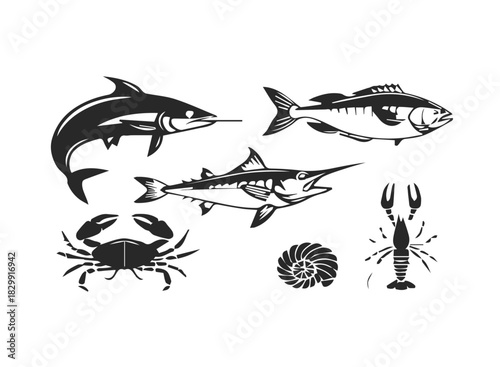 Fishing sea life icons marlin tuna sardine collection