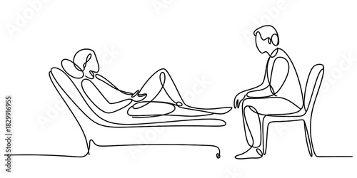 Continuous line drawing of a psychotherapy session depicting a patient on a couch conversing with a therapist providing mental health support. Vector, illustration