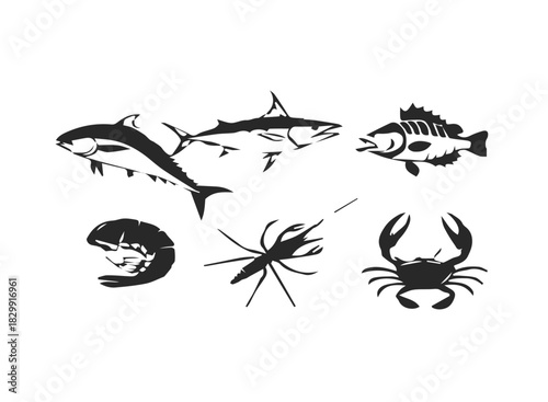 Fishing sea life icons marlin tuna sardine collection