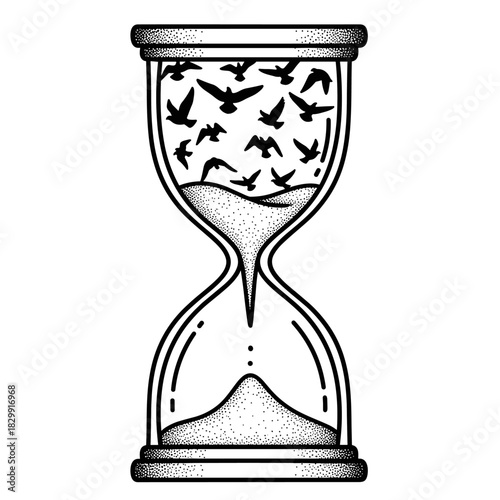 Hourglass with Birds Flying Out Symbolizing Freedom and Time Passing.