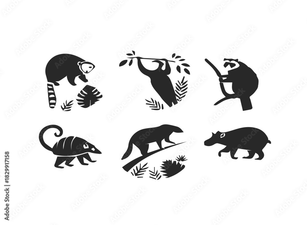 Naklejka premium Tropical mammal icons lemur sloth monkey set