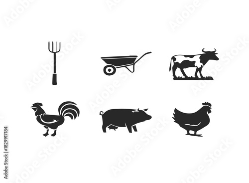 Farm tools and animals icon set with pitchfork and wheelbarrow