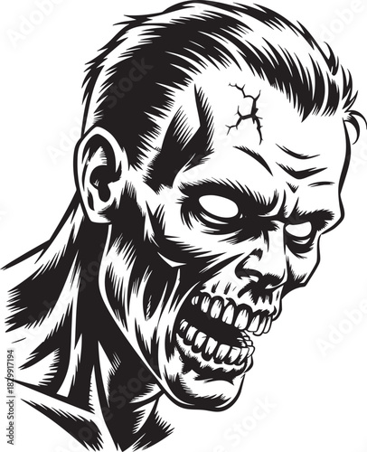 A detailed black and white illustration of a zombie's head, featuring decaying flesh, vacant eyes, and a menacing grin.