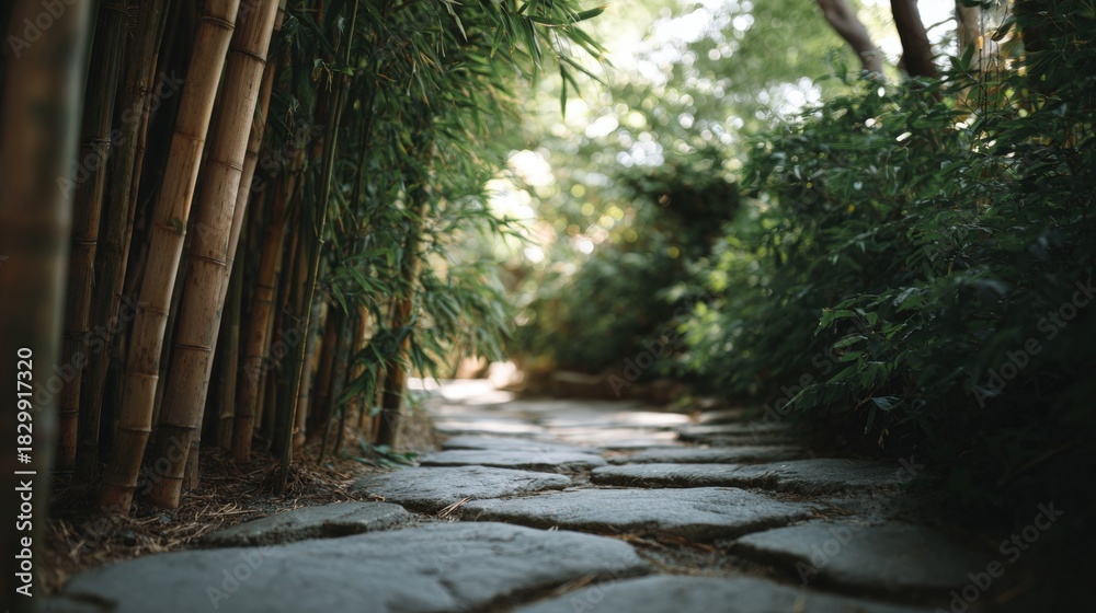 Naklejka premium Stone pathway in a garden. the pathway is made up of small, irregularly shaped stones that are arranged in a way that creates a sense of depth and dimension.