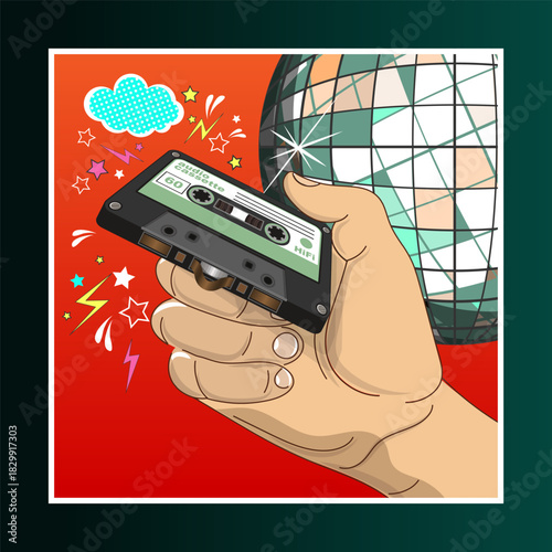 An audio cassette in a man's hand against a disco ball and various decorative elements. Vector illustration