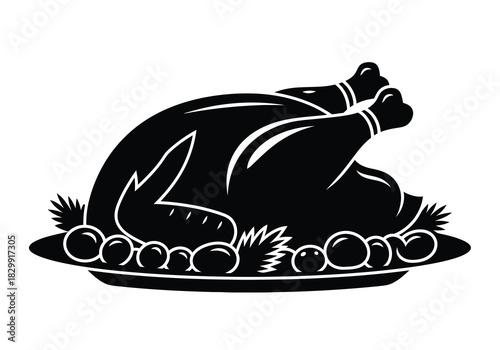 A black and white illustration of a roasted turkey on a platter