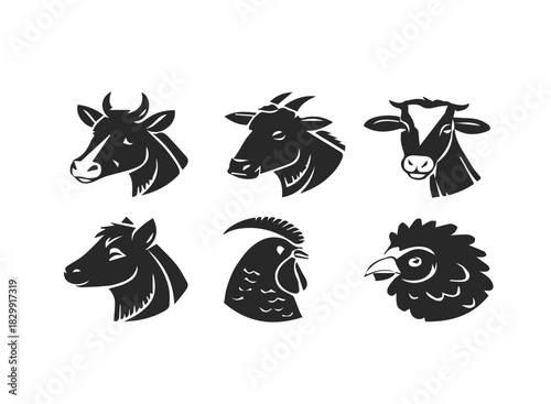 Farm animal faces icon set cow pig sheep and goat