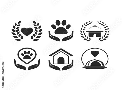 Animal welfare shelter and paw print icon set