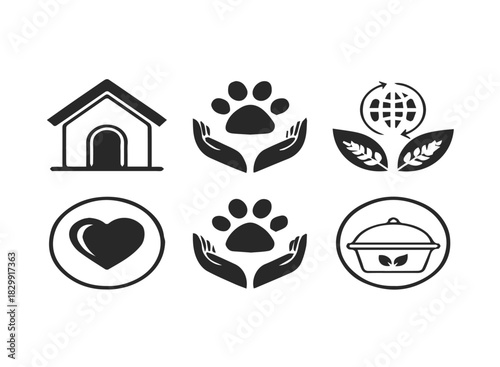 Animal welfare shelter and paw print icon set