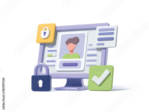 Online identity verification 3D render concept with secure access and validation