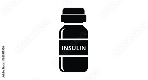 A simple black and white illustration of an insulin vial with label