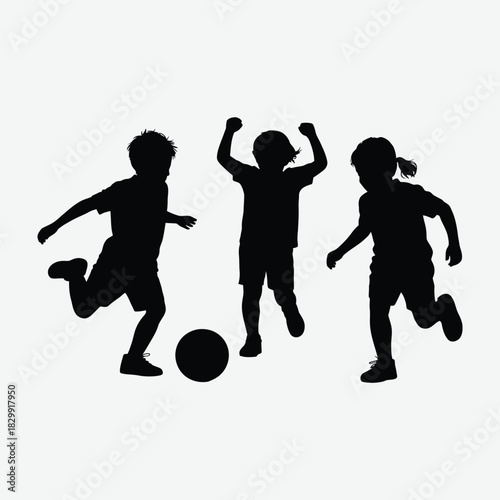 Children playing soccer silhouette against a clean white background design
