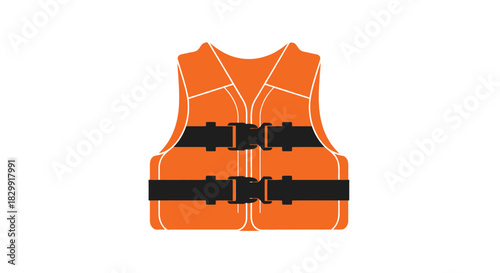 An isolated orange life vest with black straps on a white background