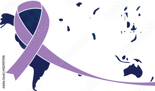 World cancer day february 4 purple ribbon, global support symbol