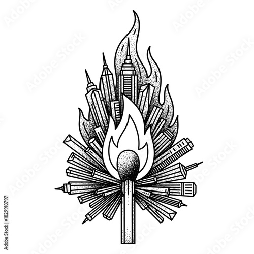 Burning Matchstick Igniting a City Skyline Illustration.