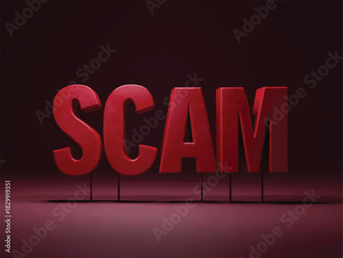 Red Scam letters 3D isolated on dark background fraud illustration