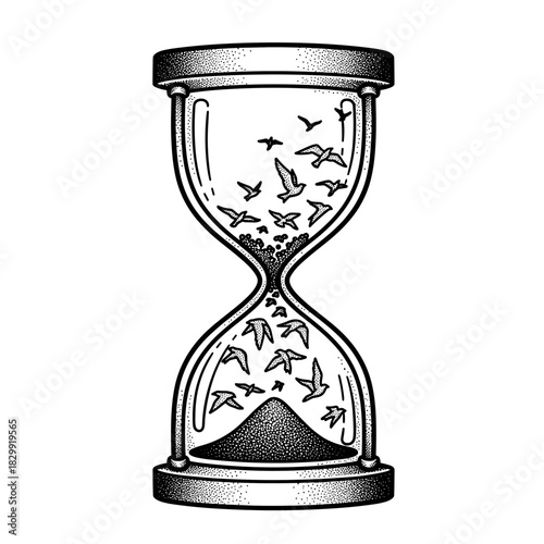 Hourglass with Birds Flying Out Symbolizing Freedom and Time Passing.