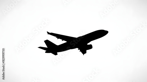 Black Silhouette of a Commercial Passenger Airplane Taking Off or Landing, Isolated on a Clean White Background