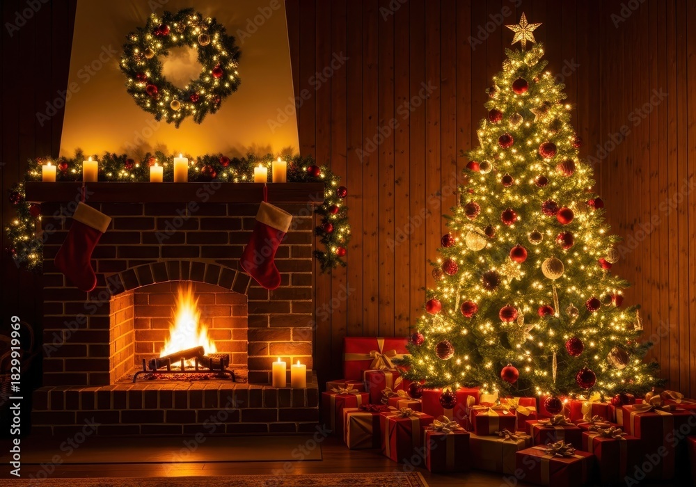 Obraz premium Cozy christmas scene featuring a brightly lit tree, roaring fireplace, stockings, and presents