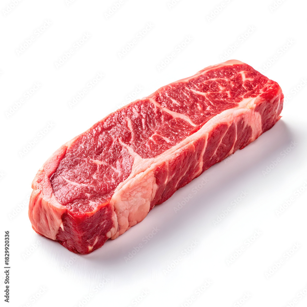 Fototapeta premium Raw steak strip isolated on white background showcasing fresh beef ingredient ideal for cooking, grilling, recipes,