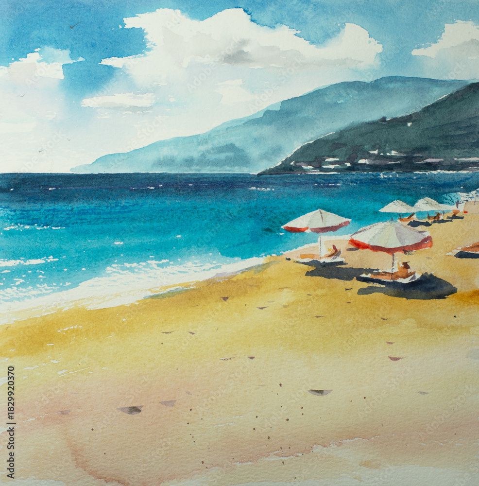 Fototapeta premium Watercolor painting with sea and beach view.