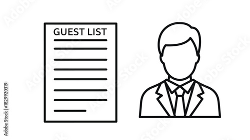 A simple line drawing depicts a guest list with a silhouette of a man in a suit
