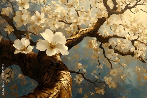 Elegant Oil Painting of White Blossoms on a Textured Tree Branch