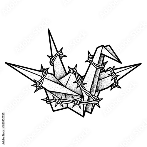 Origami Crane Entangled in Barbed Wire Symbolizing Struggle and Resilience.