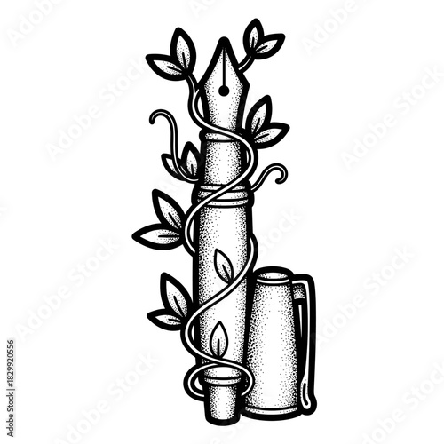 Artistic Fountain Pen Wrapped in Vines and Leaves Symbolizing Nature and Creativity.