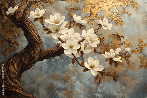 Elegant Oil Painting of White Blossoms on a Textured Tree Branch