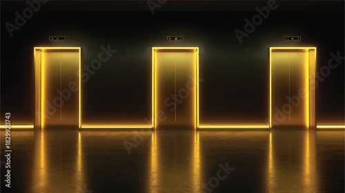 Three Golden Elevators Doors in Dark Environment with Floor Reflection