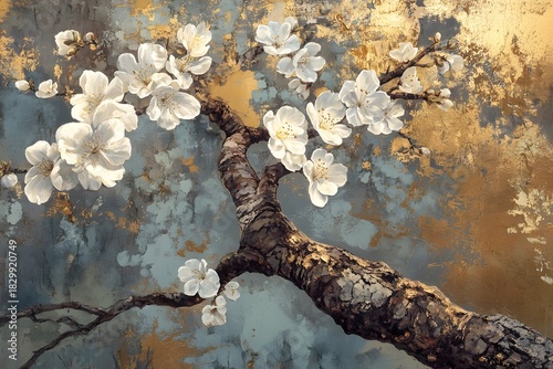 Elegant Oil Painting of White Blossoms on a Textured Tree Branch