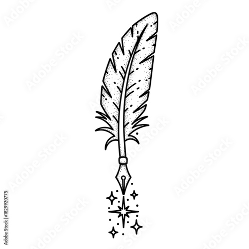 Elegant Feather Pen with Sparkling Stars Illustration.