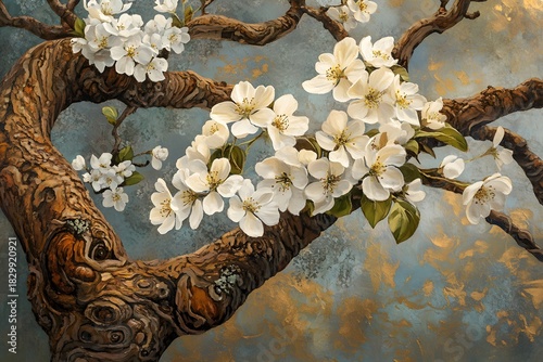 Elegant Oil Painting of White Blossoms on a Textured Tree Branch