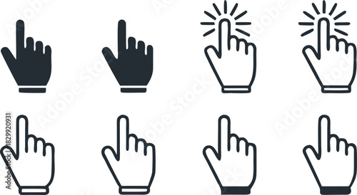 A comprehensive set of hand cursor pointer icons, featuring click and tap symbols for user interface design and web navigation
