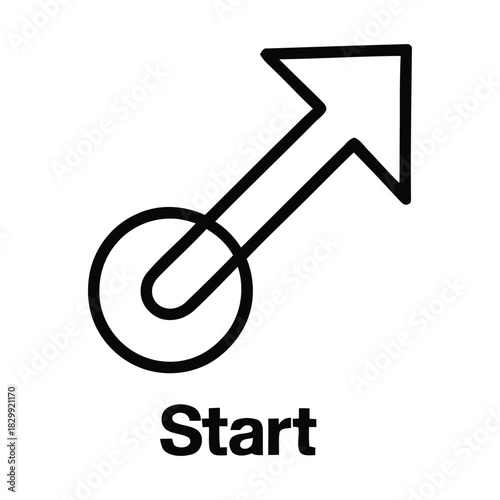 Black arrow pointing up and right from a circle with the word Start on white beginning