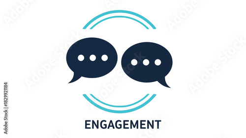 Two dark speech bubbles inside a light blue circular frame with the word engagement