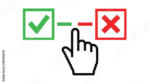 Decision making illustrated a hand pointing towards a green checkmark over a red x
