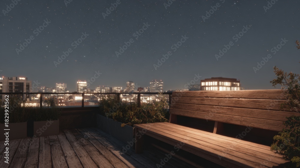 Obraz premium Wooden bench on a rooftop terrace at night. the terrace is made of wooden planks and has a railing around it. the bench is empty and is facing towards the right side of the image.