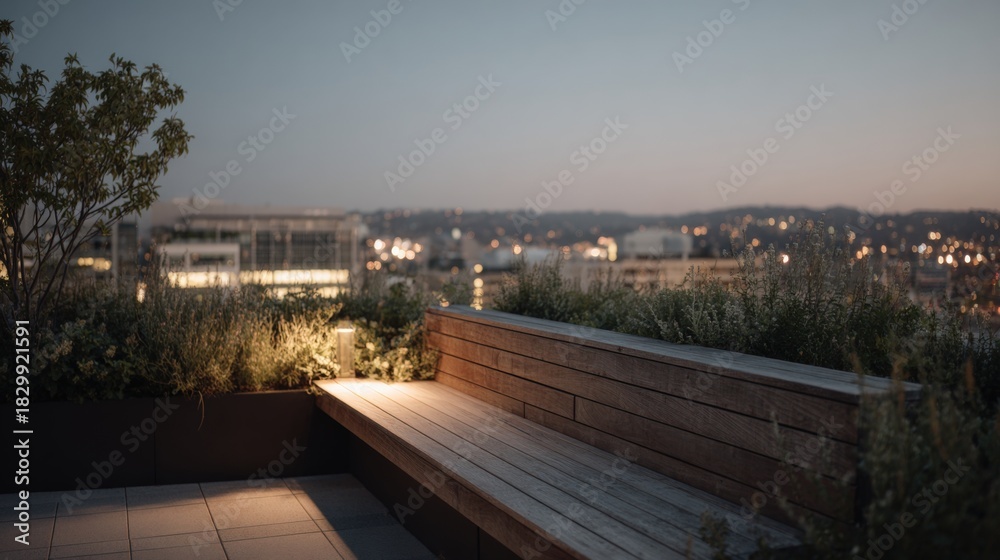 Fototapeta premium Wooden bench on a rooftop terrace overlooking a city at night. the bench is made of light-colored wood and is positioned in the center of the image.
