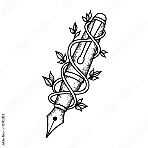 Artistic Fountain Pen Wrapped in Delicate Vines and Leaves.