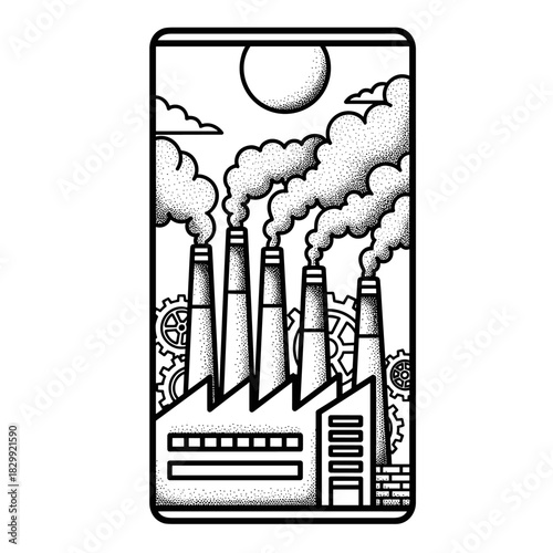 Industrial Factory with Smoke Stacks and Gears Illustration.