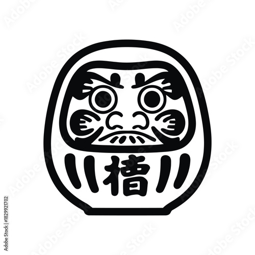 Black outline Daruma doll with Japanese characters on a white background 