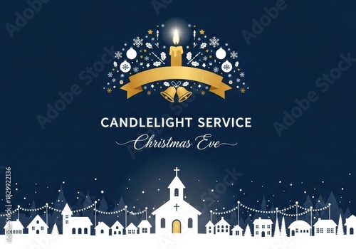 Elegant graphic design for a christmas eve candlelight service featuring a glowing candle and church silhouette