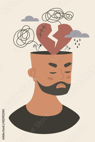 Mental Health. Sad Ethnic Black Man with Broken Heart, rain cloud and Depression Tangled Thoughts from his head. Emotional pain, confusion, Depression and Stress. Flat Vector Illustration. Not AI