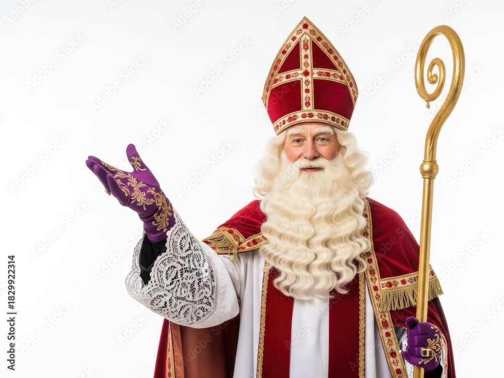 Obraz premium Sinterklaas or saint nicholas in traditional bishop costume holding a golden crozier and gesturing with his hand, isolated on white background