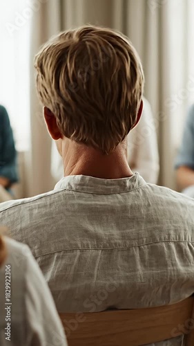 Rear view of a man with blond hair listening intently in a supportive group session Focus on mental health and community engagement Anonymous perspective